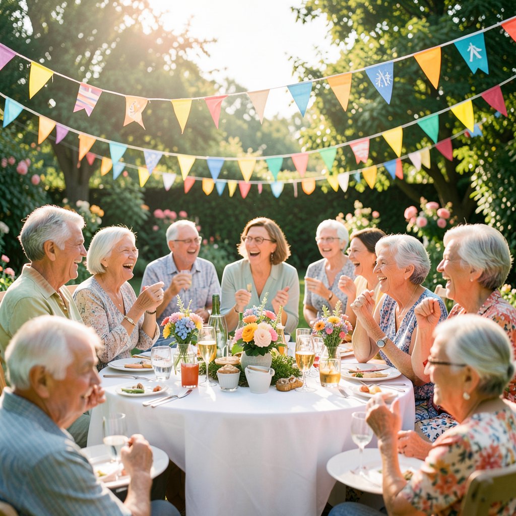 Cinematic square preview image for a photo gallery, summer garden party, seniors laughing, colorful decorations, outdoor sunny setting, high quality photography
