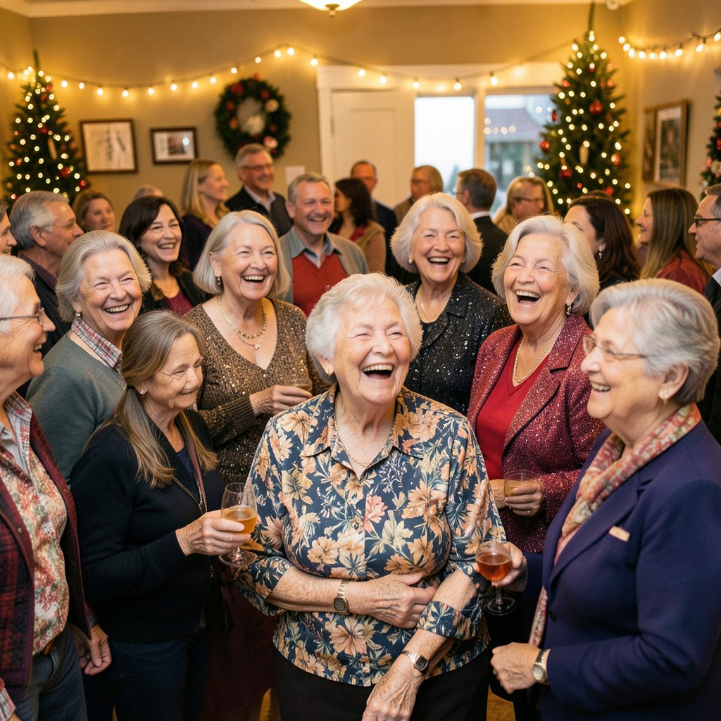Seniors at a community Christmas party, laughing, festive atmosphere, community event, high quality photography, warm lighting, group of people