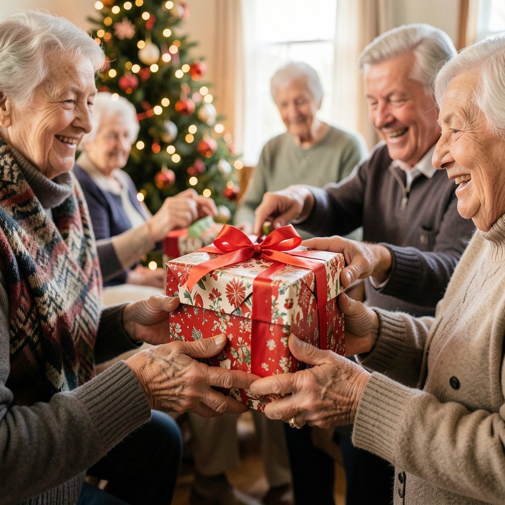 Hands of seniors holding Christmas gifts, festive wrapping, community sharing, emotional and warm high quality photo