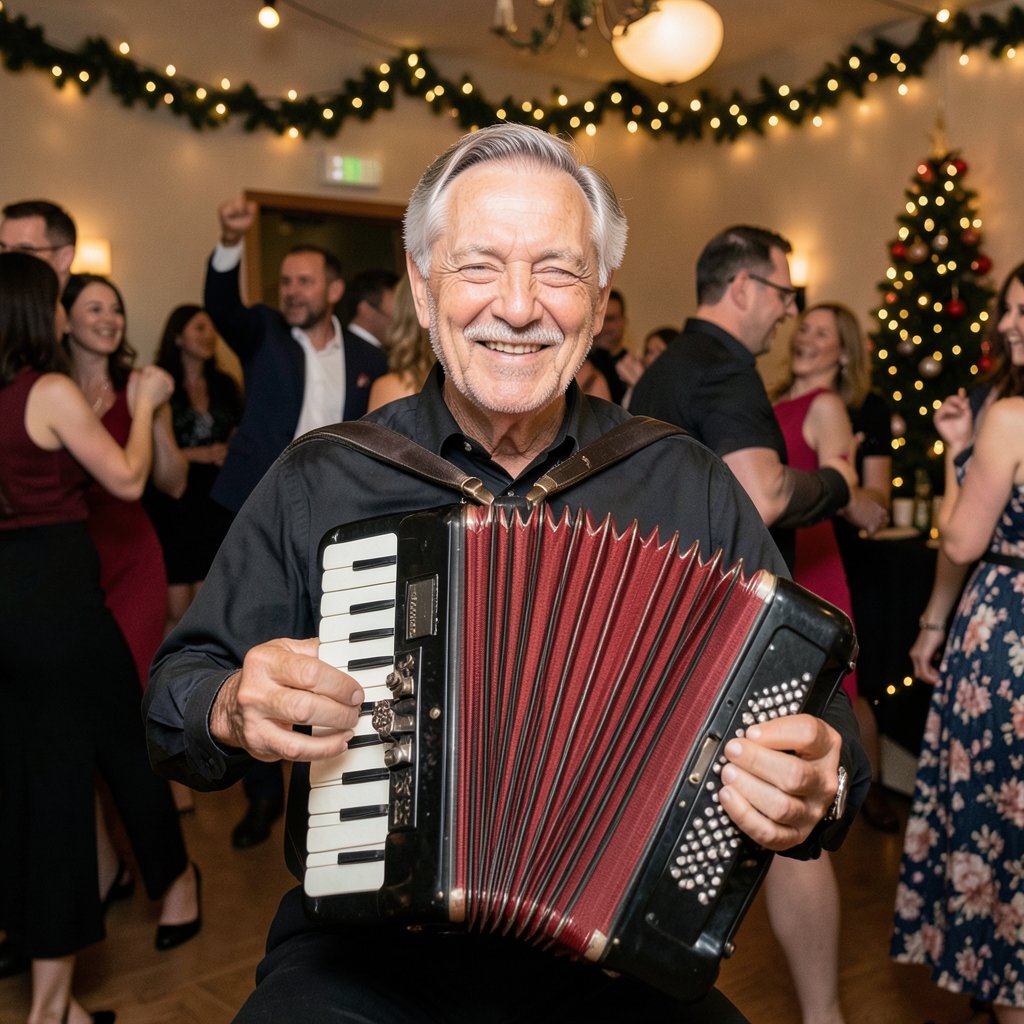 Senior man playing accordion at a Christmas party, people dancing in background, lively atmosphere, high quality photo